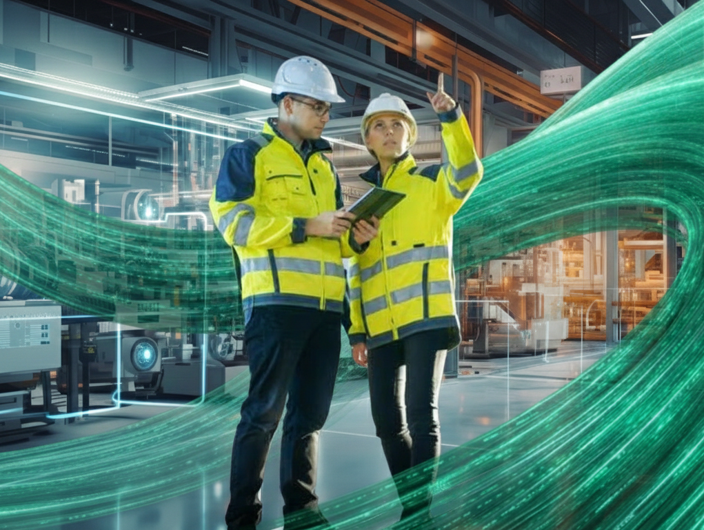 Team enterprise industriale che collabora in una fabbrica connessa