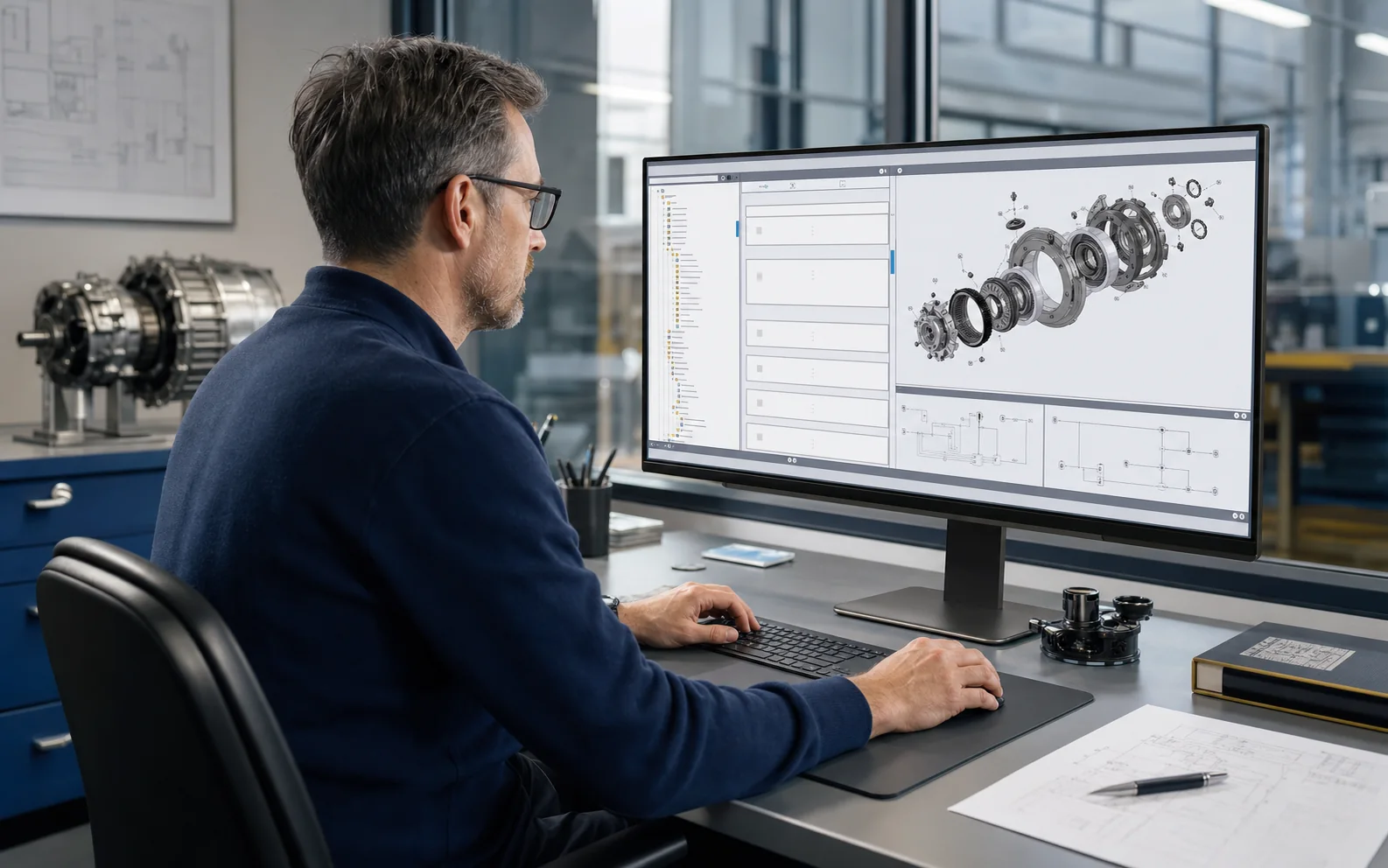 Specialista della documentazione tecnica al lavoro su contenuti XML e dati CAD